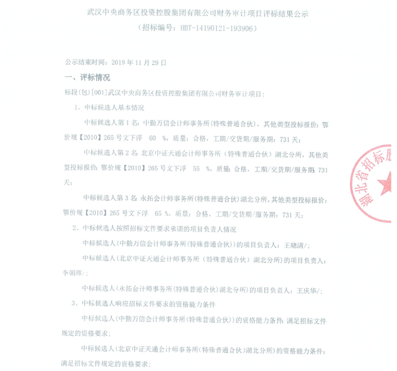 武汉中央商务区投资控股集团有限公司财务审计项目评标结果公示