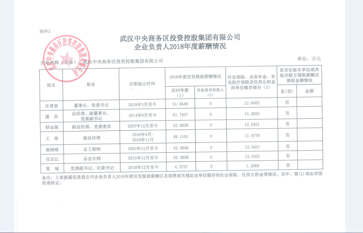 武汉中央商务区投资控股集团有限公司企业负责人2018年度薪酬情况